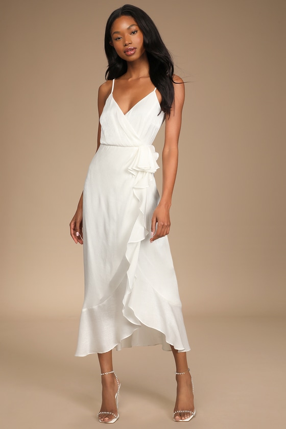 White Satin Dress - Ruffled Midi Dress ...